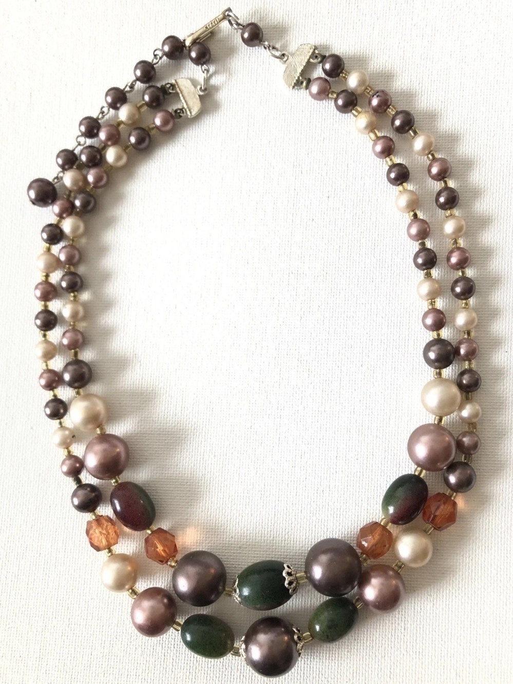 Three-Strand Pearl and Bead Necklace in Purple, Cream, and Green